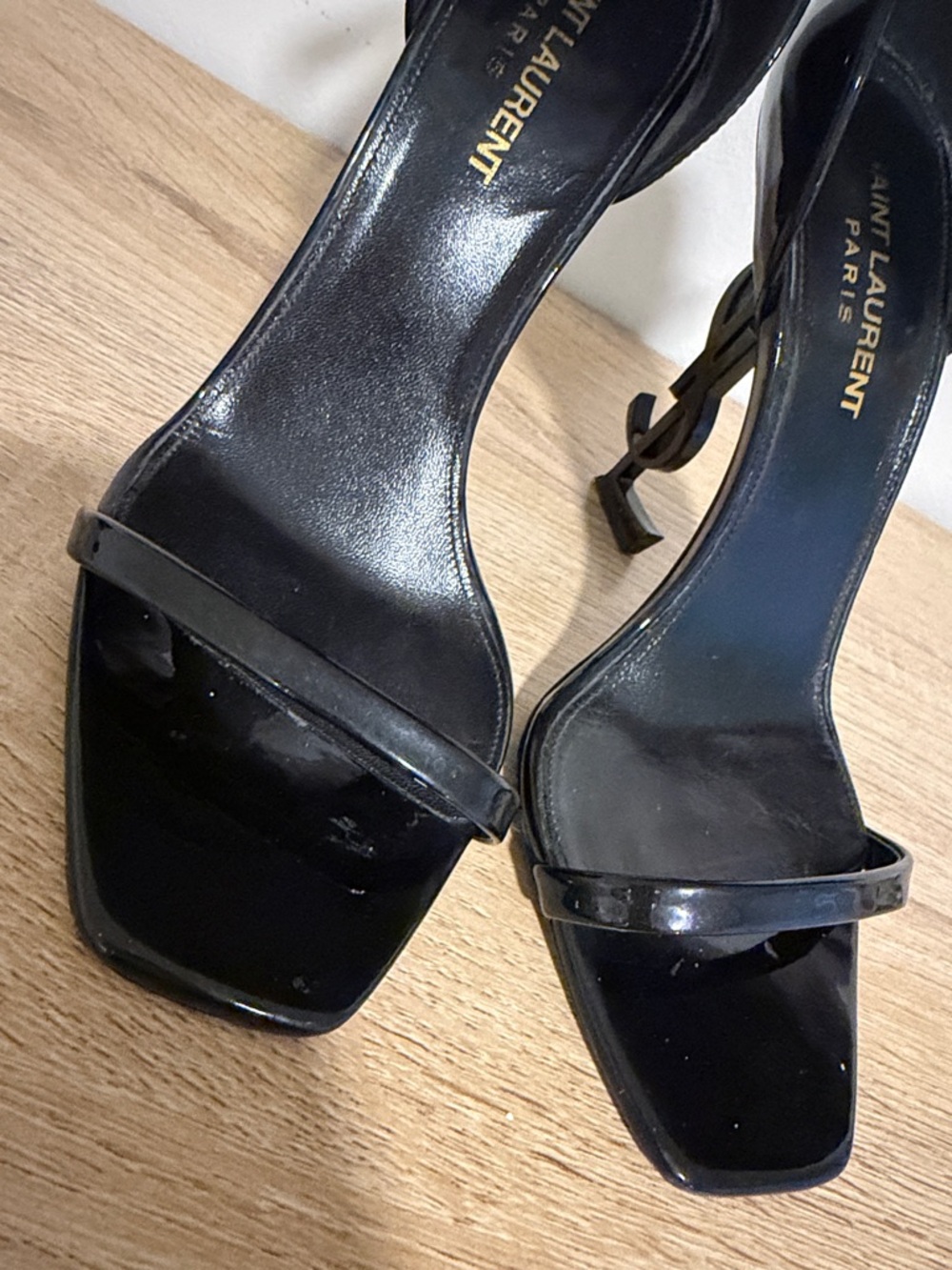 Saint Laurent Black Patent YSL Logo Stiletto Sandals with Ankle Strap - Picture 4 of 6